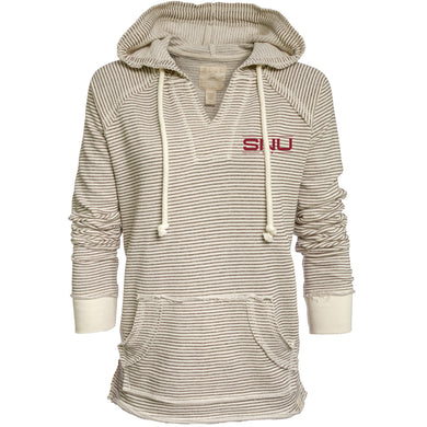 Ladies Striped French Terry V-Neck Hoodie, Bone/Cinder (F22)